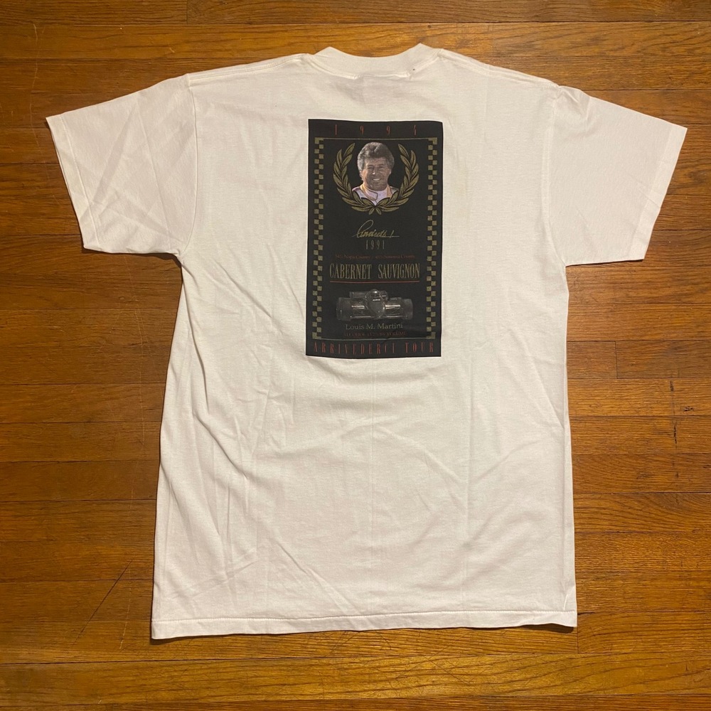 Vintage 1994 Mario Andretti Arrivederci Tour Cabernet Wine T-Shirt White Large - Picture 1 of 7